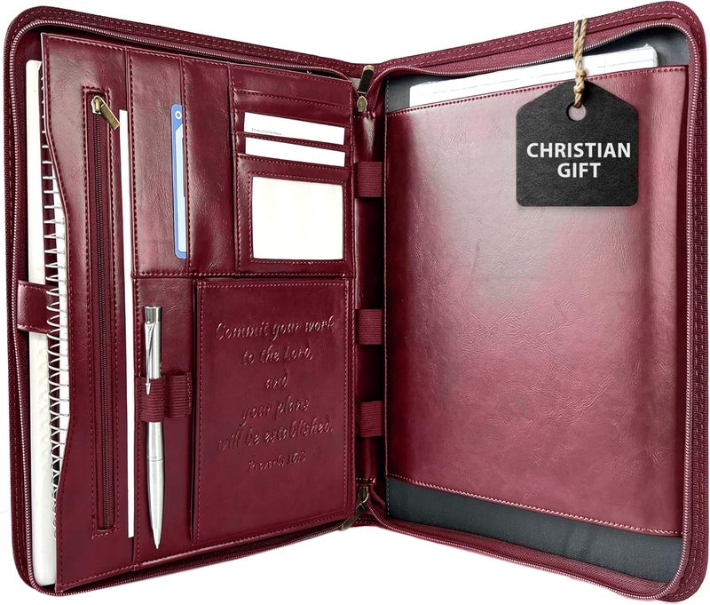 DEHITE Leather Portfolio for Men and Women - Christian Religious Gifts - Padfolio with Laptop Pocket - Letter Size Organizer for Bible Notebook Notepad - Cherry Full Grain Zipper Binder - Image 1